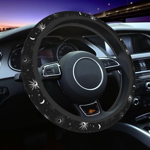 Star Moon Steering Wheel Cover Elastic Non-Slip Car Steering Wheel Covers with Seat Belt Shoulder Pad for Women Men - color: Star Moon
