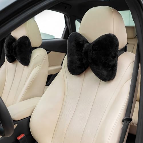 2 Pcs Car Neck Pillow Velvet Bow Headrest Pillow Soft Comfortable Seat Neck Support Cute Bow Car Accessories for Driving Travel Driver Chair Girl Style Interior Decor (Solid,Black) - color: Black, style: Solid