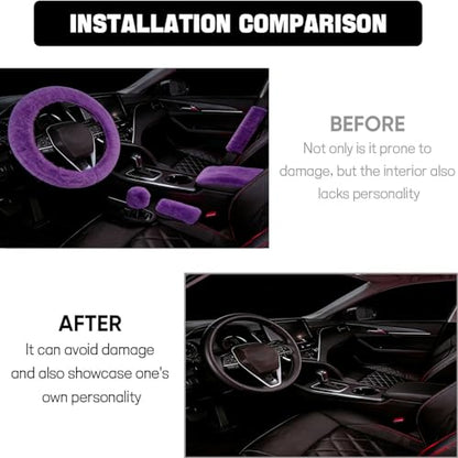 1 Set 6 Pcs Fluffy Car Steering Wheel Cover & Seat Belt Shoulder Pads & Handbrake Cover & Gear Shift Cover Set & Seat Belt Shoulder Pads Faux Wool Universal Fit Car Interior Accessories (Purple) - color: Purple