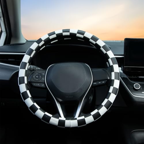 Black and White Race Checkered Steering Wheel Cover Auto Leather Steering Wheel Protector, Anti-Slip, Breathable, Absorbing Sweat, Universal Car Accessories 14.5–15 inch,Fit for Most Car, Trucks, SUV