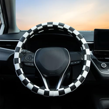Black and White Race Checkered Steering Wheel Cover Auto Leather Steering Wheel Protector, Anti-Slip, Breathable, Absorbing Sweat, Universal Car Accessories 14.5–15 inch,Fit for Most Car, Trucks, SUV - style: Black and White Race Checkered