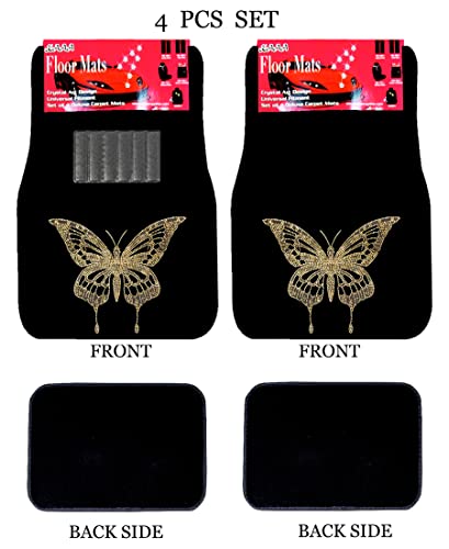 Universal Fit Car Truck Front/Rear 4-Piece Full Set Crystal Bling Rhinestone Design Studded Black Carpet Floor Mats (Gold Butterfly/Black) - color: Gold Butterfly/Black