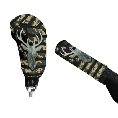 Camouflage Deer Car Handbrake Cover Gear Shift Knob Cover American Flag Auto Interior Accessory 2 Piece for Women Men - color: Deer American Flag Camouflage