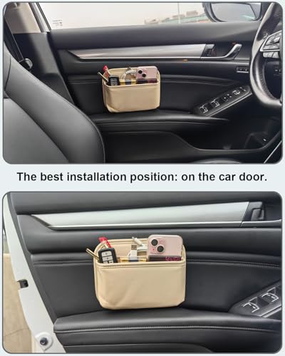 Driver's Car Storage Bag, Small Car Side Pocket Organizer for Car Seats, Doors and Consoles, PU Leather (Beige)