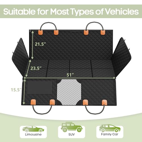 Dog Car Seat Cover for Back Seat, Hard Bottom Back Seat Extender Supports 400lbs, Waterproof Rear Seat Pet Cover, Dog Hammock with Mesh Window for Car SUV