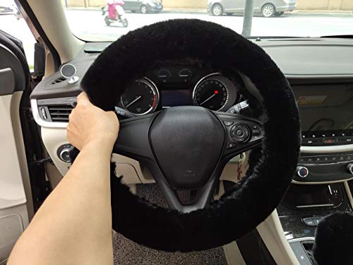 Winter Warm Fluffy Furry Fuzzy Car Steering Wheel Cover,Universal Fit Thickening Faux Rabbit Fur Plush Steering Covers+Gear Shift Cover and+Brake cover-3pcs Set (Black)