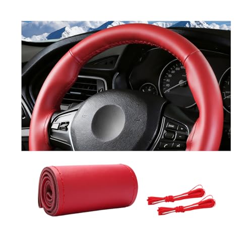 Genuine Leather Car Steering Wheel Cover, DIY Sewing Stitch on Wrap Auto Wheel Cover with Needle Thread, Breathable Anti-Slip Vehicle Steering Stitching Protector, Universal Fit (Red/Glossy) - color: Red/Glossy