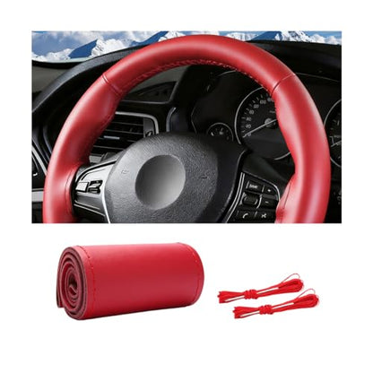 Genuine Leather Car Steering Wheel Cover, DIY Sewing Stitch on Wrap Auto Wheel Cover with Needle Thread, Breathable Anti-Slip Vehicle Steering Stitching Protector, Universal Fit (Red/Glossy) - color: Red/Glossy
