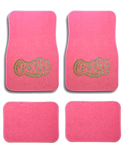 Universal Fit Pink Car Carpet Floor Mats Queen Crystal Bling Rhinestone-Studded Front Rear 4 Piece Full Set (Queen Gold-Pink) - color: Queen Gold-Pink