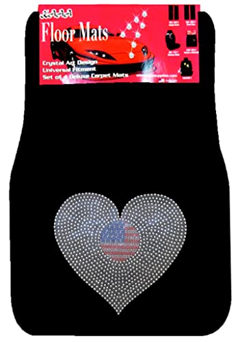 ALLBrand Universal Fit Front/Rear 4 Piece Full Set Crystal Bling Rhinestone Design Studded Carpet Car SUV Truck Floor Mats KAM-MAT-BLACK 0 - color: America Heart/Black