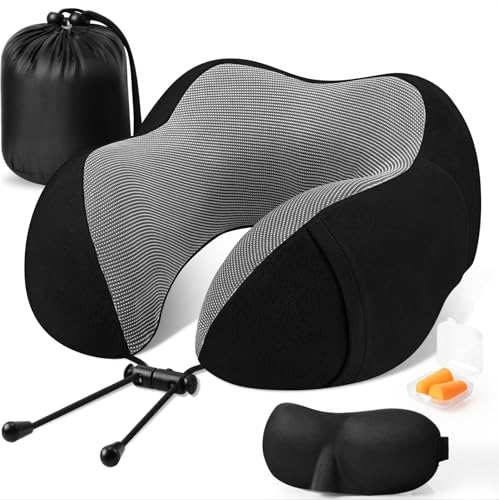 CloudBliss Travel Pillow for Airplane, Memory Foam Neck Pillow for Travel, Compact Flight Pillow with Eye Mask, Earplugs, Carry Bag, Travel Neck Pillow for Long Flight Sleep, Plane Accessories, Black - color: Black