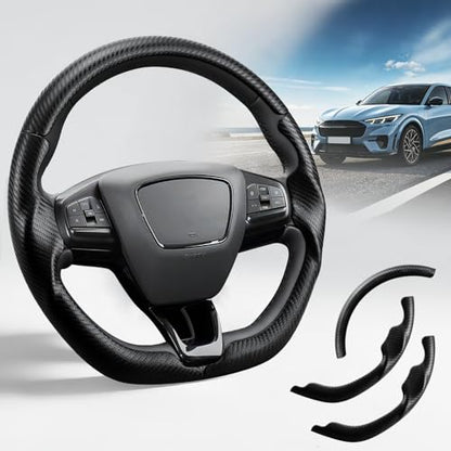 Steering Wheel Cover for Ford Mustang Mach-E 2021-2026, 3-Piece Carbon Fiber Steering Wheel Accessories Custom Fit for Ford Mach-E (Matte Black)