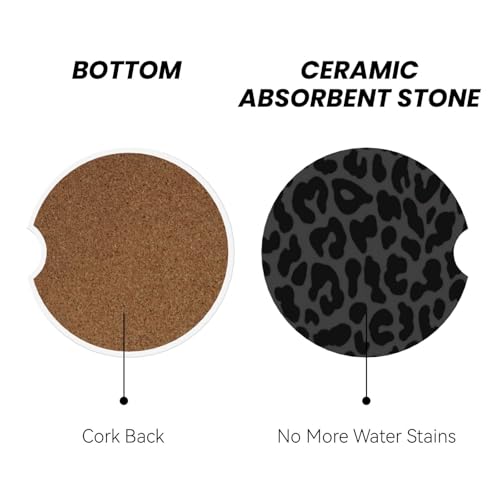 Black Leopard Cheetah Absorbent Ceramic Car Coasters for Cup Holders, 2.56" Anti Slip Insert Cup Coasters for Women Men (2 PCS) - color: Black Leopard Cheetah
