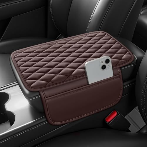 Waterproof Leather Car Center Console Pad with 2 Storage Bags, Auto Armrest Box Cover Protector, Comfortable Interior Accessories for Most Household Cars, Sedans & SUV(Coffee Brown) - color: Coffee Brown