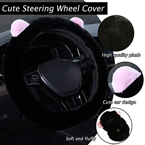9 Pack Cute Bear Fluffy Steering Wheel Cover with Furry Gear Cover,Handbrake Cover,Seat Belt Pad,Armrest Pad,Bling Car Coaster and Fur Key Chain for Women Girls (Black) - color: Black