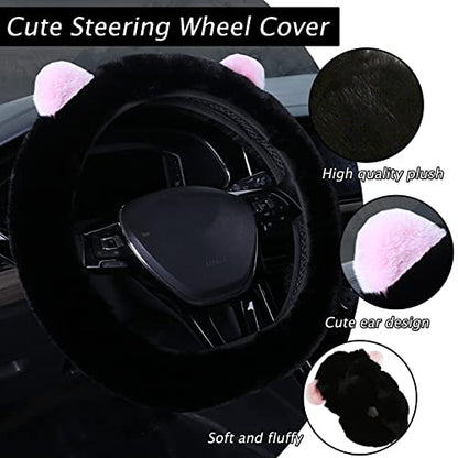 9 Pack Cute Bear Fluffy Steering Wheel Cover with Furry Gear Cover,Handbrake Cover,Seat Belt Pad,Armrest Pad,Bling Car Coaster and Fur Key Chain for Women Girls (Black) - color: Black