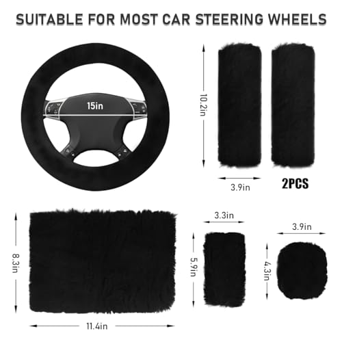 6 PCS Fluffy Steering Wheel Covers Set, 15'' Furry Car Wheel Cover, Soft Gear Shift & Handbrake Cover, Center Console & Seat Belt Shoulder Pads for Women, Car Accessories (Black)