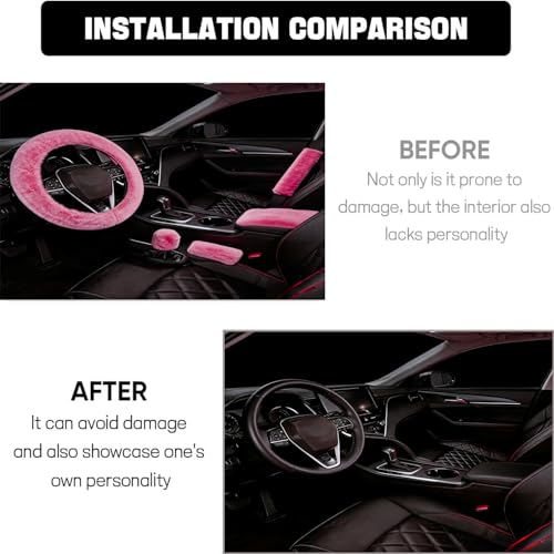 1 Set 6 Pcs Fluffy Car Steering Wheel Cover & Seat Belt Shoulder Pads & Handbrake Cover & Gear Shift Cover Set & Seat Belt Shoulder Pads Faux Wool Universal Fit Car Interior Accessories (Pink) - color: Pink