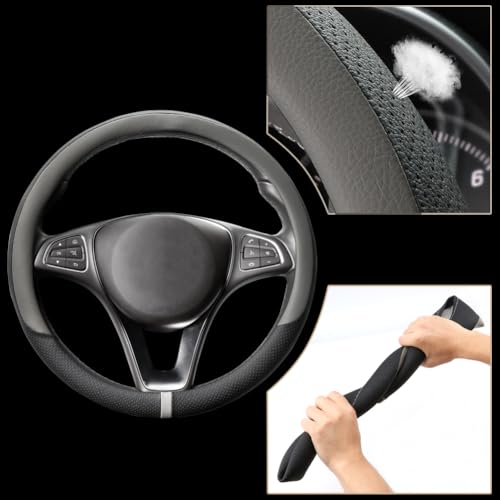 Breathable Steering Wheel Cover Microfiber Leather with Center Mark Design Universal Medium Size 14 1/2-15 Inch Gray and Black - color: Black and Gray Up, size: M (14.5"-15")