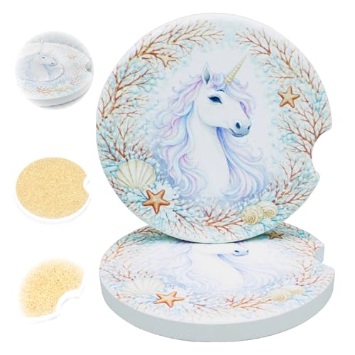 Ceramic Car Coasters, 2 Pack, 2.64" Absorbent Car Cup Holder Coasters, Cute Ceramic Car Coasters for Women, Unicorn Pattern - color: Unicorn