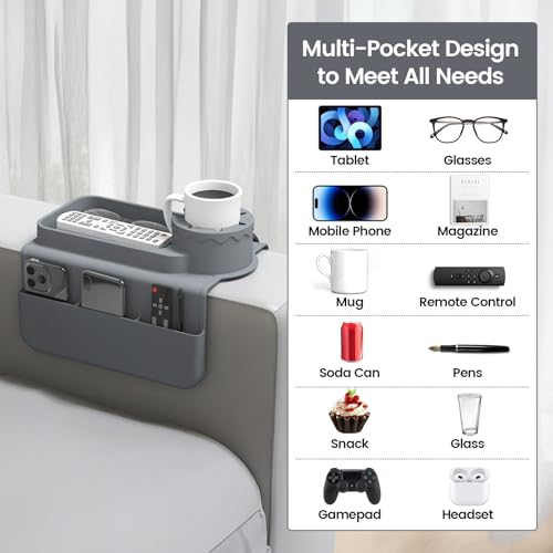 Couch Cup Holder Tray, Silicone Sofa Armrest organizer with Side Pockets for Storage Remotes, Cell-phone,Tablet or Snack, Anti-Spill and Anti-Slip Sofa Arm Tray for Recliner, Armchair Caddy (Gray)