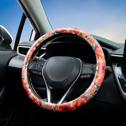 Poppy Coral Pink Flowers Steering Wheel Cover Auto Jacquard Steering Wheel Protector, Anti-Slip, Breathable, Absorbing Sweat, Universal Car Accessories 14.5–15 inch,Fit for Most Car, Trucks, SUV - style: Poppy Coral Pink Flowers
