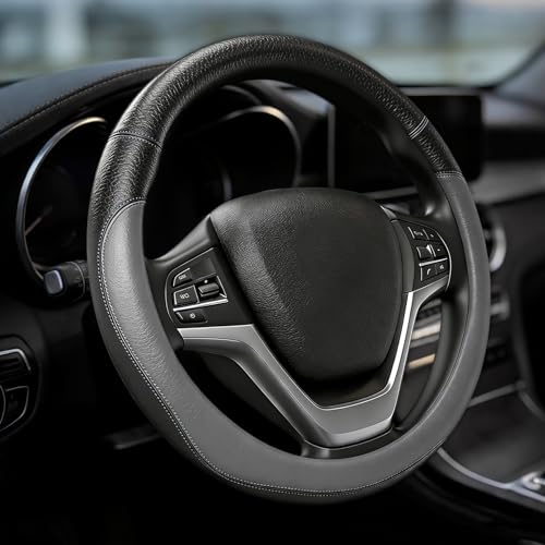 Car Steering Wheel Cover, Durable Leather Cover with Anti-Slip Lining, Microfiber PU Leather Elastic Steering Wheel Protector, Comfortable Non-Slip Steering Wheel Covers for Autos (Grey) - color: Grey
