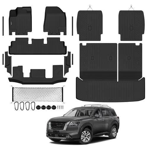 Tongama-Floor Mats for 2022-2026 Nissan Pathfinder 7 Seat with Bucket Seats, All Weather TPE Trunk Mat with Backrest Mat & 2nd Row Backrest Mats & Cargo Net & Full Coverage Door Sill Guards Kit