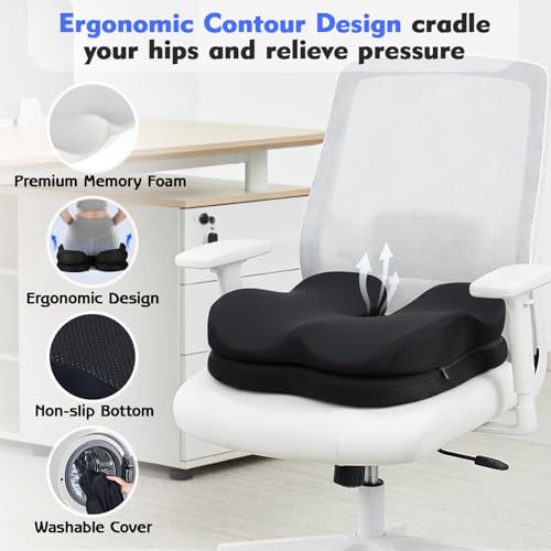 Office Chair Cushion & Car Seat Cushion - Memory Foam Dual-Layer Ergonomic Seat Cushion for Tailbone Pain Relief, Coccyx Support, Soft Yet Firm Comfort for All-Day Sitting