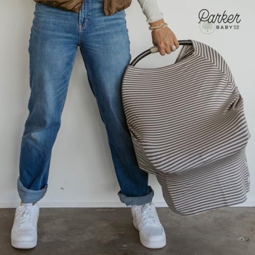 Parker Baby 4 in 1 Car Seat Cover for Girls and Boys - Stretchy Carseat Canopy, Nursing Cover, Grocery Cart Cover, High Chair Cover - “Pewter/Snow Stripes” - color: Pewter/Snow Stripes