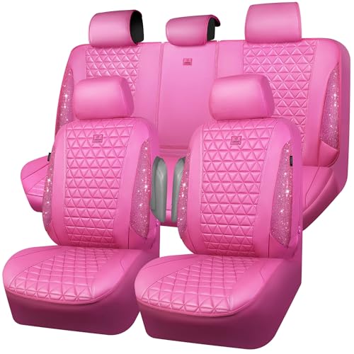 CAR PASS Hot Pink Bling Diamond Leather Car Seat Covers Full Sets, Waterproof Shining Glitter Sparkly Crystal Universal Armrest Fit for Automotive Truck SUV Cute Women Girl,Hot Pink Rhinestone - color: Pink Rhinestone-Hot, size: Full Set