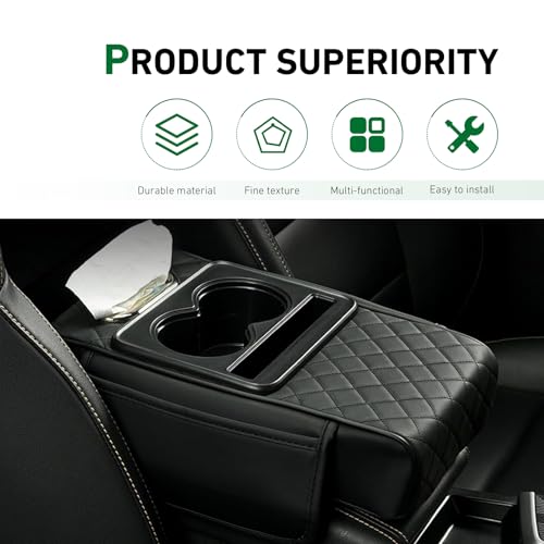Car Armrest Cushion, 5-in-1 Center Console Cover Organizer, Multi-Functional Car Armrest Storage Box with 2 Cup Holder, Car Accessories Interior Organizers for Most Cars (Black)