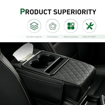 Car Armrest Cushion, 5-in-1 Center Console Cover Organizer, Multi-Functional Car Armrest Storage Box with 2 Cup Holder, Car Accessories Interior Organizers for Most Cars (Black)