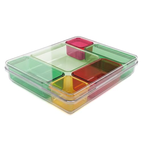 MOSSRIVER 7 Pack Clear Drawer Organizer Set, Plastic Desk Organizer Bin with Lid & Trays, Colorful Storage Box with Removable Trays for Cosmetics, Jewelry, Bedroom, Bathroom, Office, Combo 12 - color: Color 12