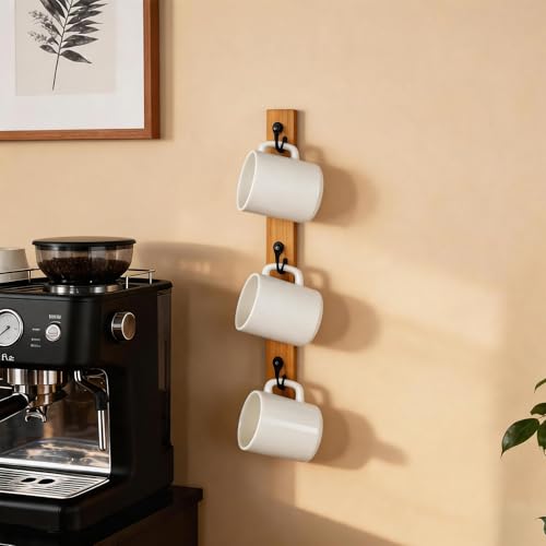 Yohsnor Coffee Cup Rack Wall Mounted – Stylish Mugs and Cups Holder for Space Saving Home, Kitchen, Office Décor – Ideal Mug Display Rack – Hanger Shelf Organizer for Small Spaces - color: Brown