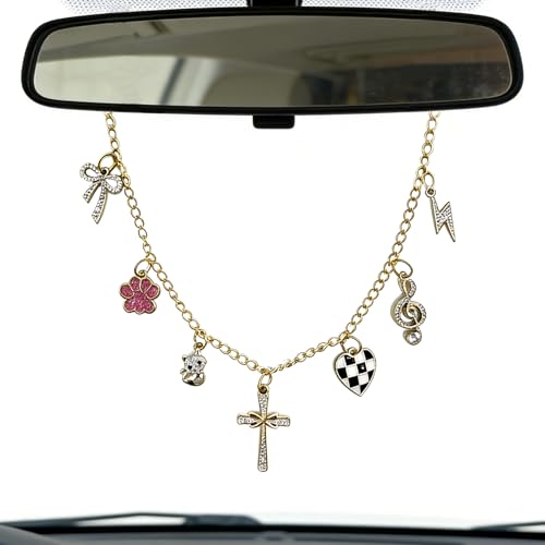 Rearview Mirror Charm for Car,Gold Hanging Accessories with Cross Bow Dog Paw Cat Heart Chessboard Music Note Christian Car Accessories for Women,Faith Cars Decor,Religion Gifts for Drivers - color: The Cross of Jesus