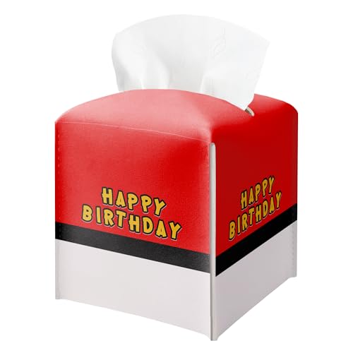 Happy Birthday Tissue Box Cover, Red and White Tissue Box Holder Square Leather Facial Paper Organizer, Themed Birthday Party Baby Shower Tableware Decorations - color: Red03