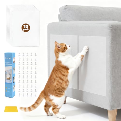 Anti Cat Scratch Furniture Protector - 12Pcs Large, 17.7 * 12in, Clear Sofa Protector from Cat Scratching, Door Protector from Dog Scratching, Self-Adhesive - 50 Pins - size: 17.7in*12in