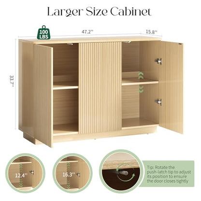 Sideboard Buffet Cabinet with Storage - 47" Fluted Coffee Bar Cabinets Credenza with Adjustable Shelves, Accent Buffets & Sideboards Console, Wood Side Board for Living Room, Kitchen, Entryway - color: Natural Wood