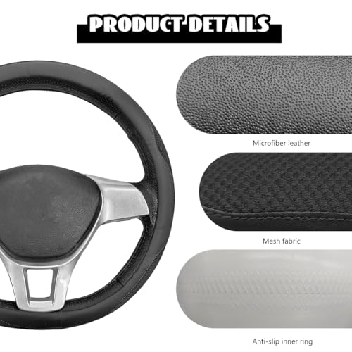 Microfiber Leather Steering Wheel Cover, Breathable Steering Wheel Protector with Anti-Slip Inner Ring, Universal 14.5"-15" Car Wheel Cover Auto Interior Decor for Men Women (Black) - color: Black