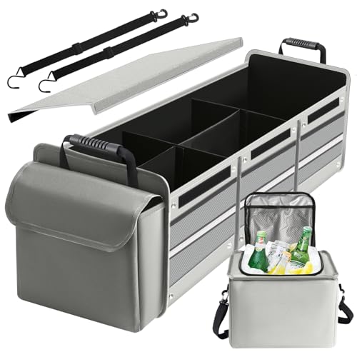 Car Trunk Organizer,115L Heavy Duty Collapsible Trunk Storage, with Insulated Leakproof Cooler Bag Vehicle Cargo Organizer with Lid, 3 Compartments, Straps For Car,Suv,Jeep,Sedan-Grey - color: Gray 115L