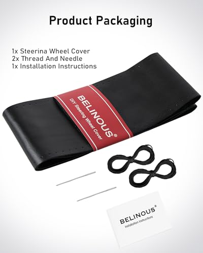 BELINOUS Leather Steering Wheel Cover Lace Up, Stitch on Steering Wheel Wrap, Universal Fit 13-20 Inch Car Truck Pickup Boat, A Whole Piece of Cowhide, DIY w/Needle Thread (Size L0, Black) - color: Black, size: L0