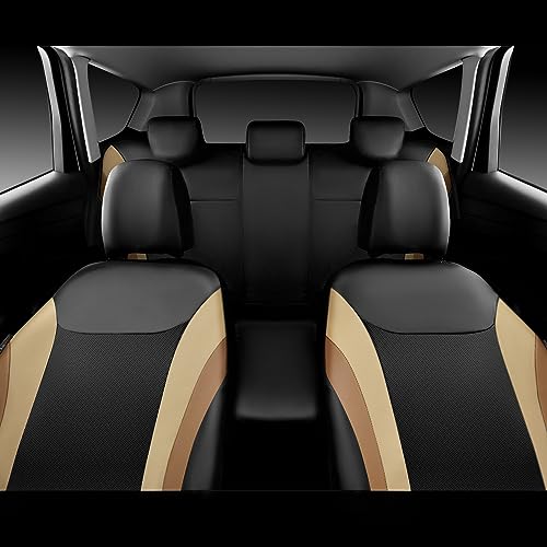 CAR PASS Line Rider Leather Car Seat Covers Sporty Car Seat Covers Full Set,5mm Composite Sponge,Airbag Compatible,Universal Fit 95% Automotive SUV Sedan(Black Beige) - color: Black Beige