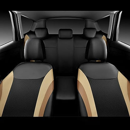CAR PASS Line Rider Leather Car Seat Covers Sporty Car Seat Covers Full Set,5mm Composite Sponge,Airbag Compatible,Universal Fit 95% Automotive SUV Sedan(Black Beige) - color: Black Beige