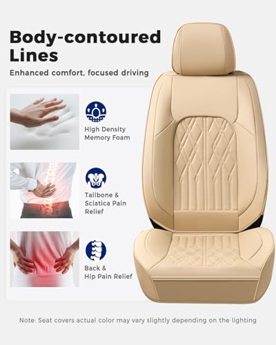 Huidasource Car Seat Covers Full Set, Leather Seat Cover Universal Fit for Most Cars Sedans SUVs Trucks, Airbag Compatible, Cup Holder Access, Easy Install, Wipes Clean, Wear-Resistant, Beige - color: A-Beige, size: 5pcs Full Set