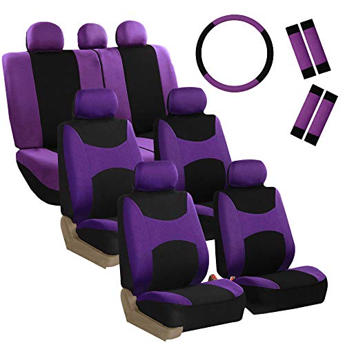 FH Group Light & Breezy Cloth Car Seat Covers, 7 Seater Three Row Set- Airbag & Split Ready -Universal for Cars Trucks and SUVs (Purple/Black) - color: Purple