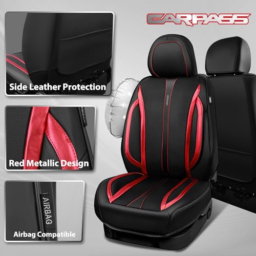 CAR PASS Nappa Leather Car Seat Covers, Durable Waterproof Luxury Universal Seat Covers for SUV Pick-up Truck Sedan, Anti-Slip Driver 5 Seat Covers Full Set with Backrest, Black Metallic Red - color: Black Metallic Red, size: Full Set