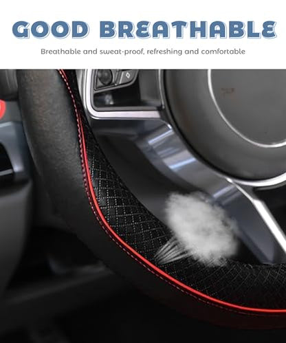 Steering Wheel Cover,Car Accessories 14.5-15 Inch Leather Steering Wheel Cover,Anti-Slip Breathable Microfiber Leather Covers,Warm in Winter and Cool in Summer,Fit for Suvs (Black-Red) - color: Black&Red