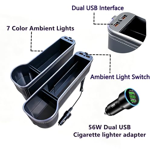 7 Color Led Car Seat Gap Organizer with 56W Fast Charger Car Console Organizer with Cup Holder Front Seat Gap Filler with USB Between Seat Cup Holder fit for Android iPhone (Black)