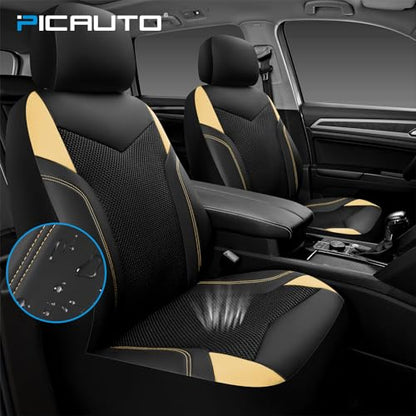 PIC AUTO Car Seat Cover, Super Breathable Mesh Front Seat Cover for Cars, Beige Leather Seat Covers, Universal Fit, Durable, Airbag Compatible, Suitable for SUVs, Trucks, Sedans, and Vehicles - color: Beige